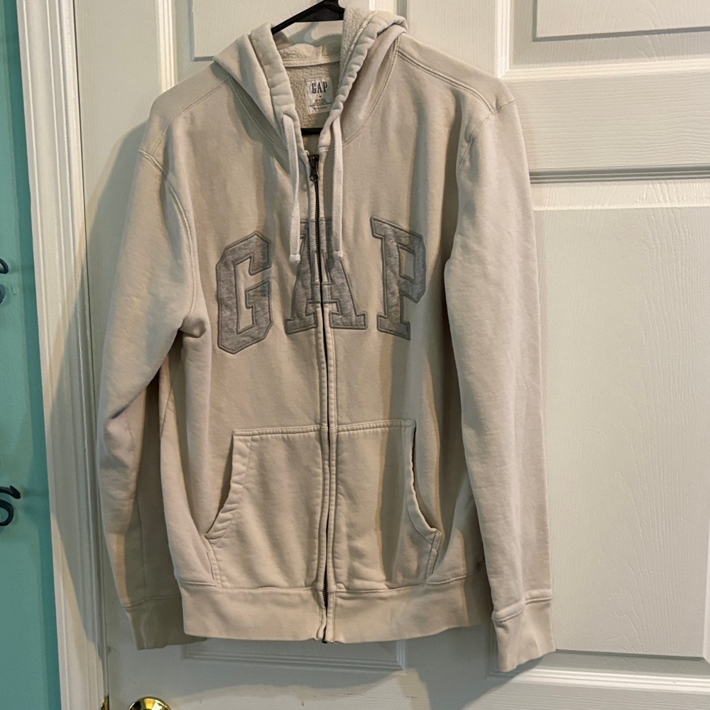 GAP Beige Zip-Up Hoodie with Gray Lettering